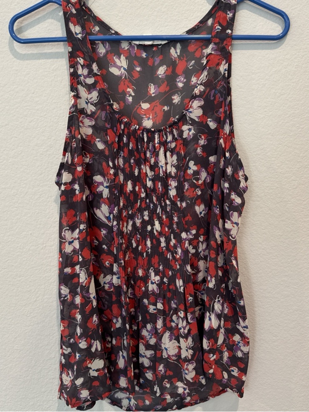 Lush Floral Pleated Tank - Red, White & Purple on Black